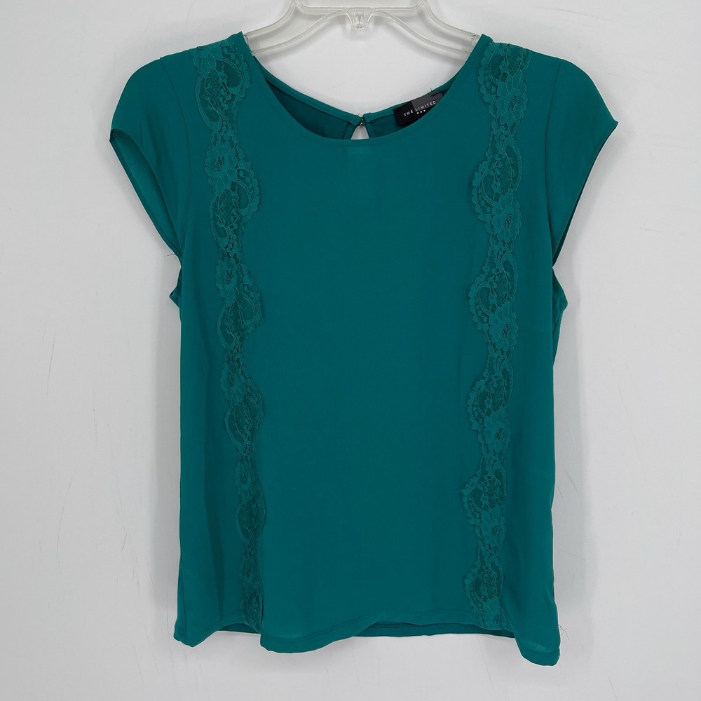 The Limited Women's Green Lace Panel Cap Sleeve Keyhole Office Top Blouse Size S